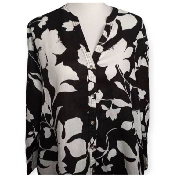 CYNTHIA ROWLEY BLACK & WHITE FLORAL LINEN TENT DRESS W/POCKETS SZ.L EUC. - Picture 3 of 8